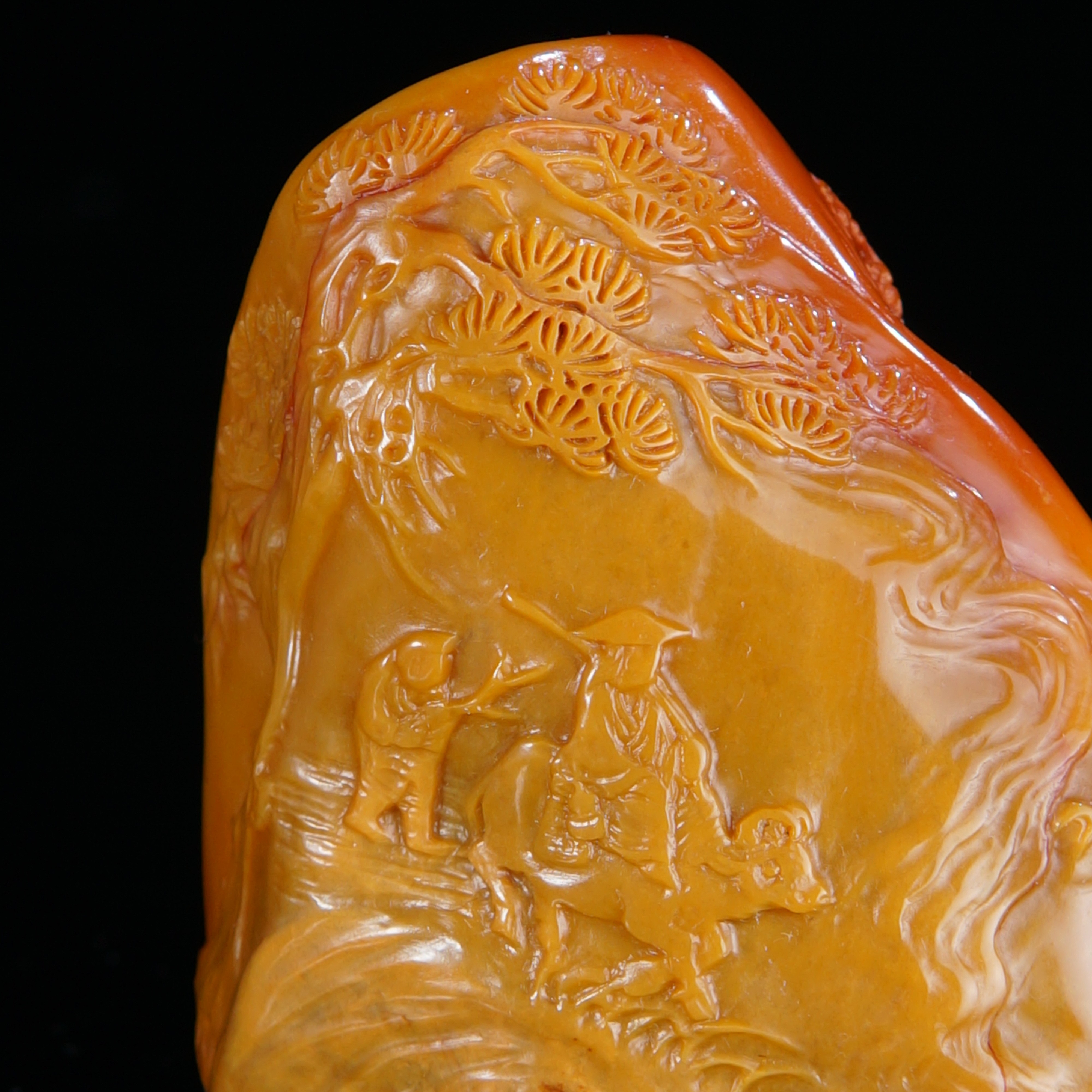 寿山稀有红田，题材，秋山行旅图！重量71克