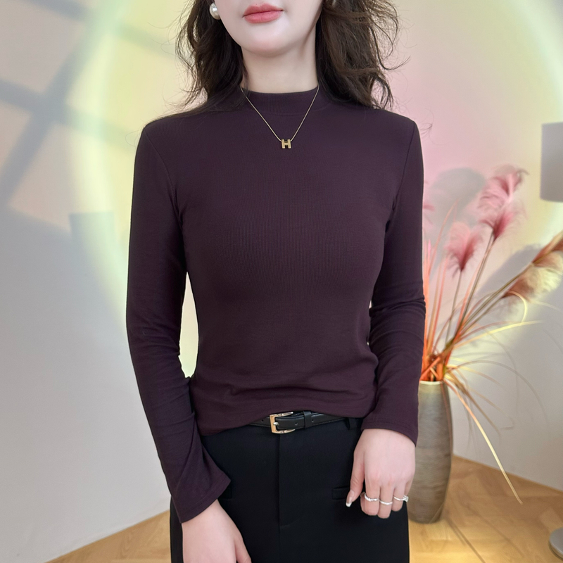 圆领长袖显瘦t恤女半高领正肩秋冬季新款打底衫女1677