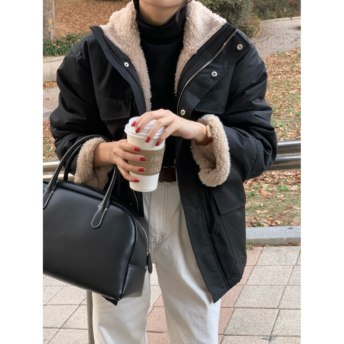 尺寸已更新 韩国chic 复古工装风羊羔毛里衬抽绳收腰休闲外套