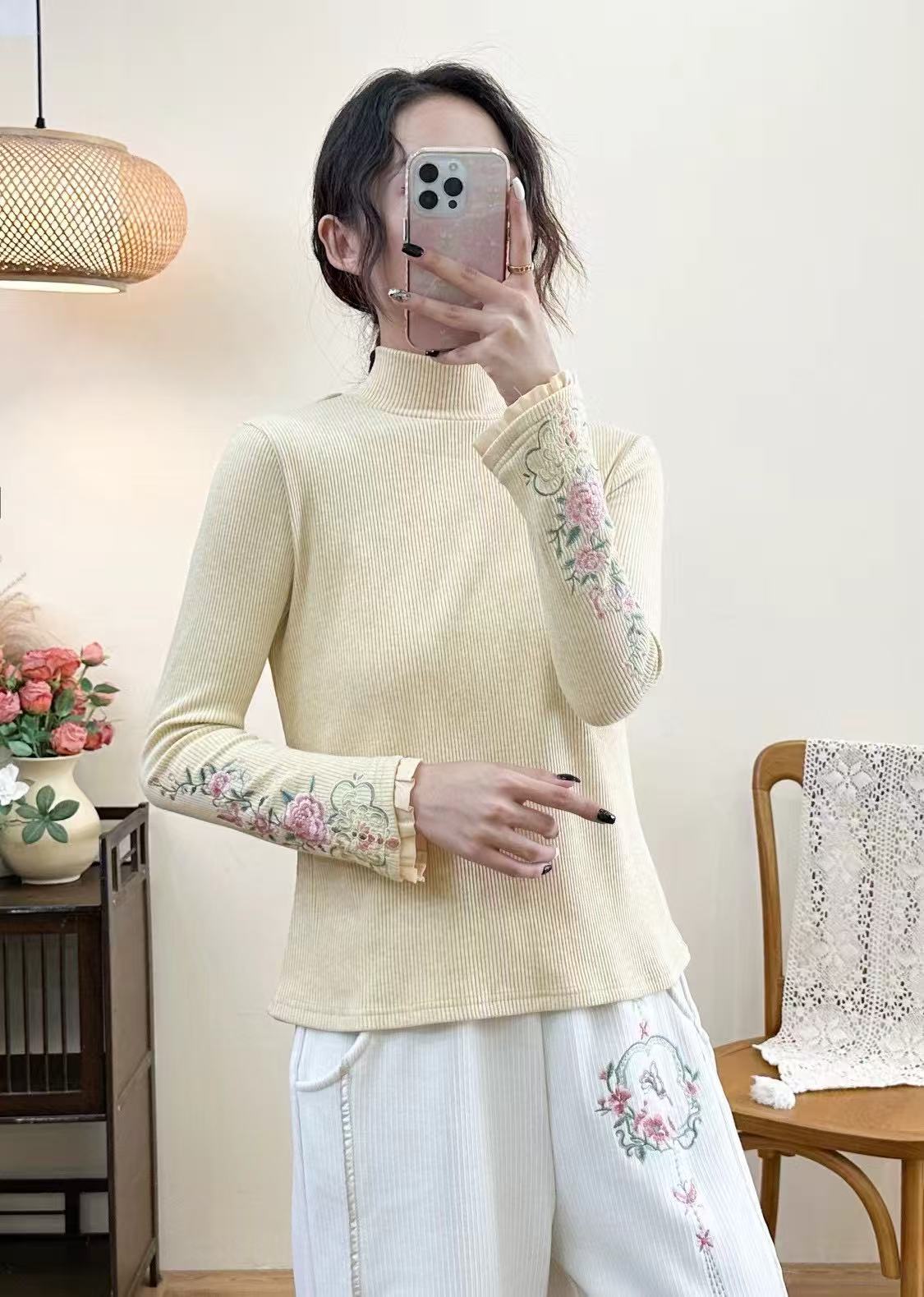 新款国风新中式刺绣袖口花边刺绣半高领打底
