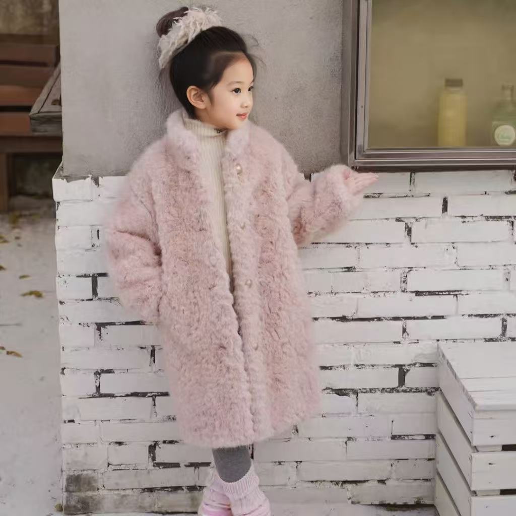 秋冬新款女童仿皮草大衣长款粉色毛毛仿小湖羊韩版外套保暖