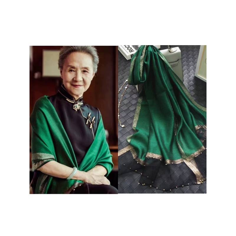 Y005绿色【纯色钉珠】70*180桑蚕丝羊毛简约女士丝巾