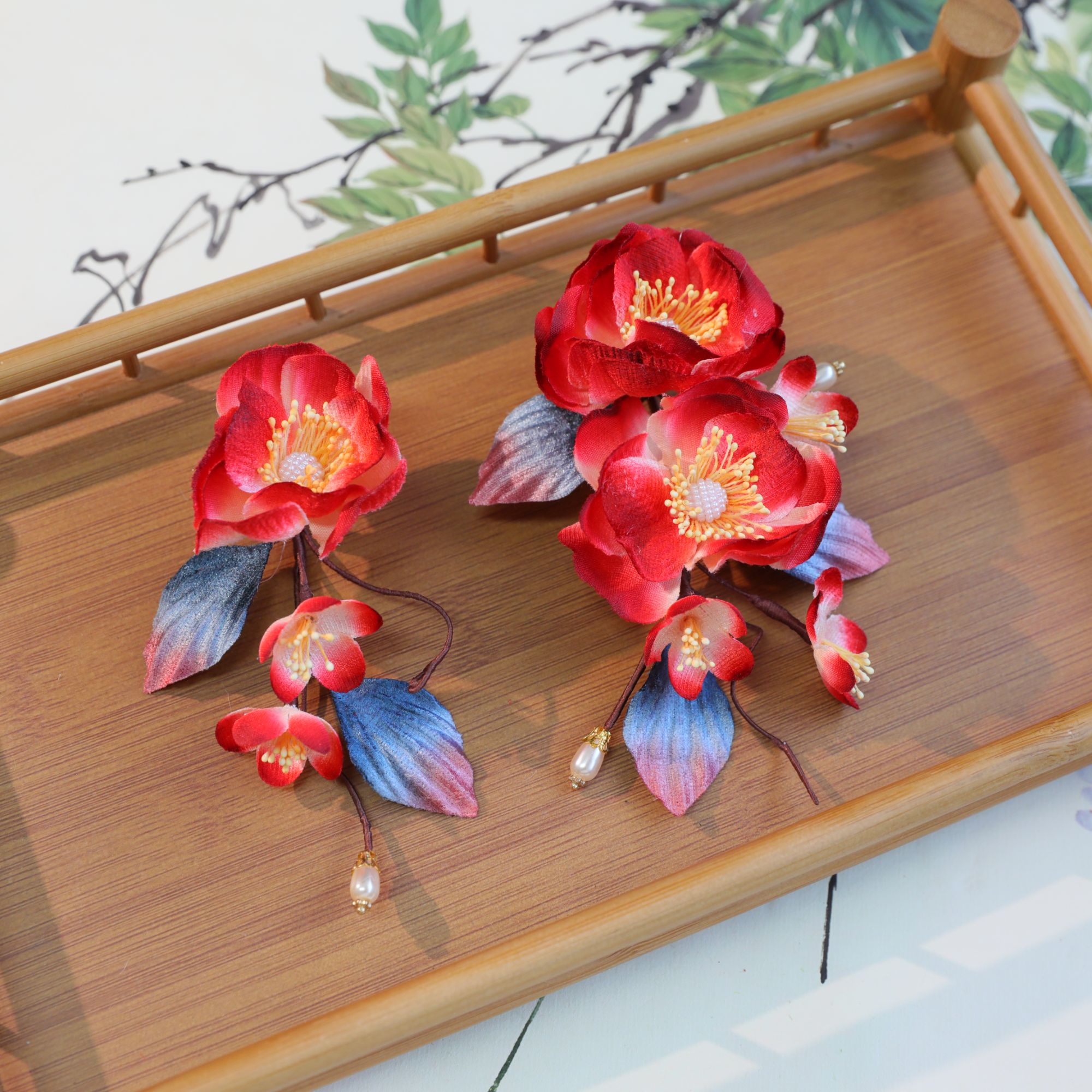 HF2529古风汉服头饰女手工软杆簪红色绒布花朵盘发配饰结婚用