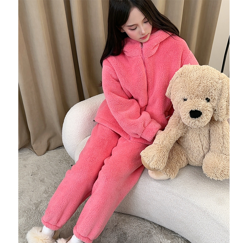 冬季高级感抓绒加绒加厚两件套可外穿家居服气质宽松套装睡衣女