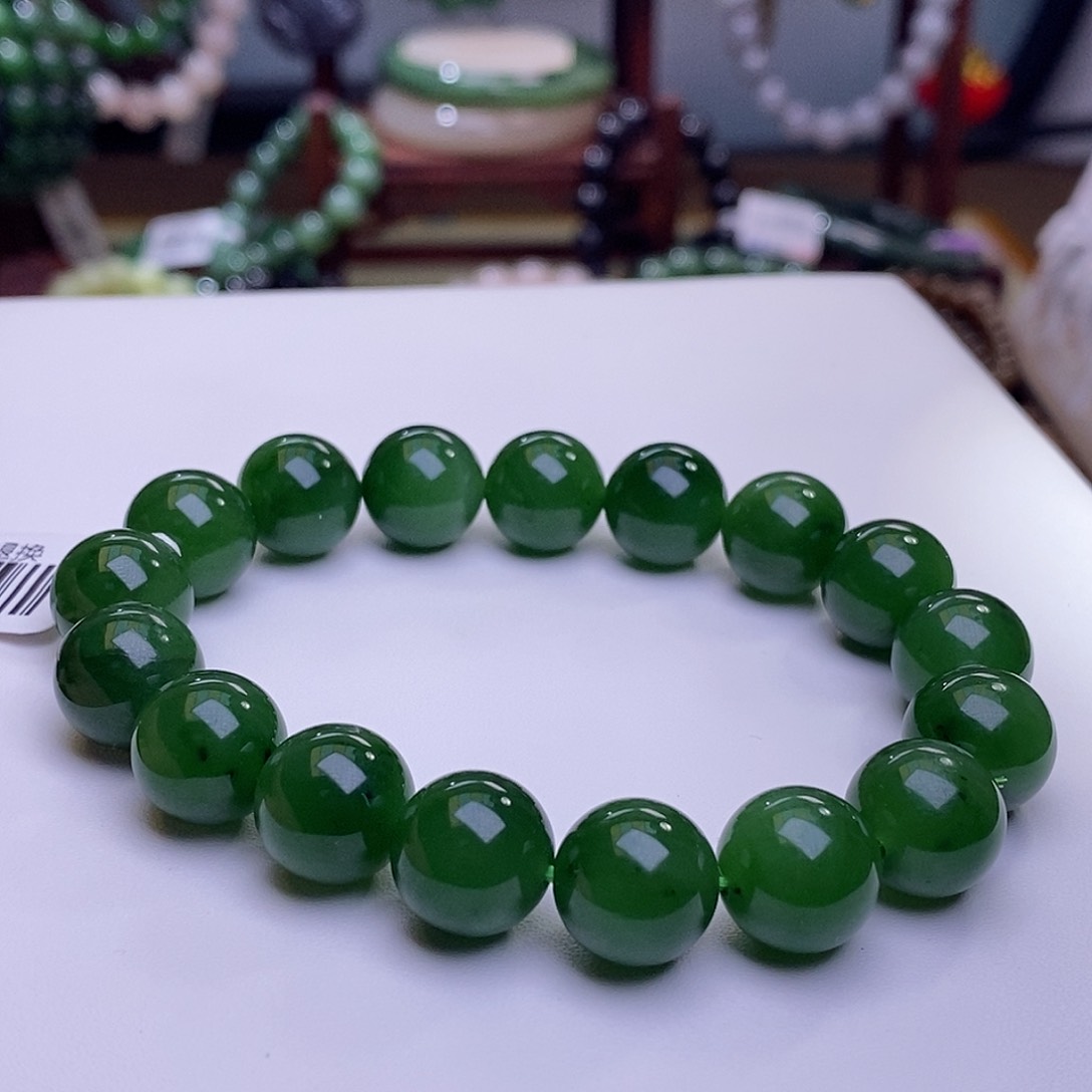 和田玉收藏级碧玉老矿料高冰菠菜绿圆珠手串12m未镶嵌
