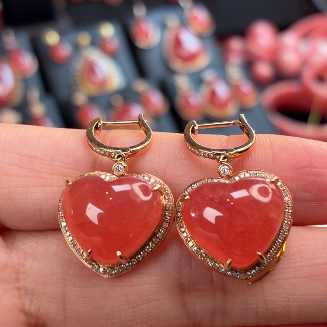 菱锰矿（红纹石）18K金镶嵌耳坠