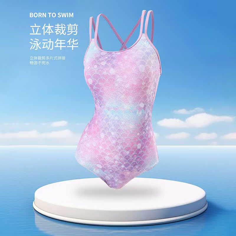 新款立体裁剪鱼鳞纹简约三角连体亲子竞速泳衣洋气无袖夏季拼接