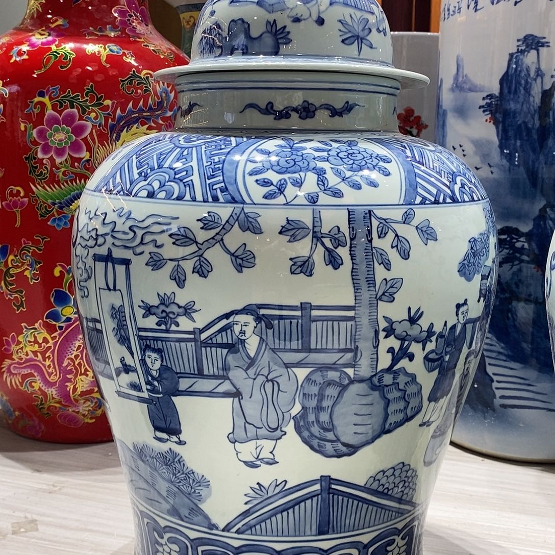 陶摆件56cm青花人物将军罐