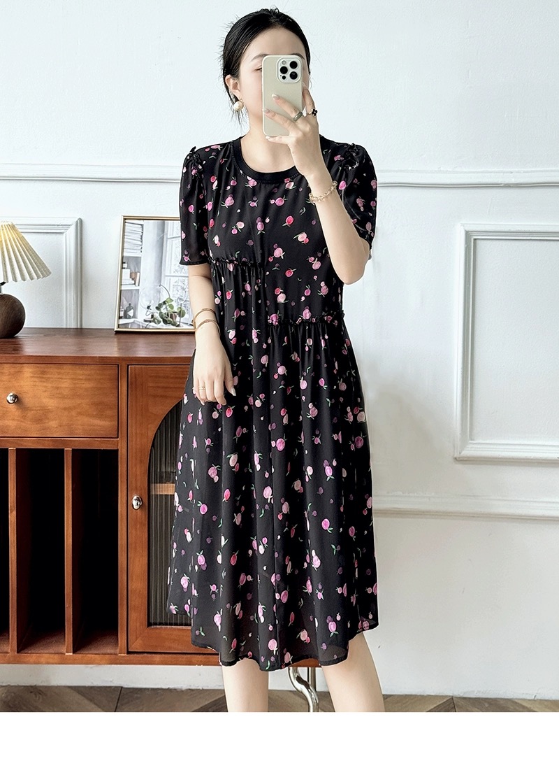 特价重磅圆领印花真丝桑蚕丝连衣裙中长款裙子LL2022829