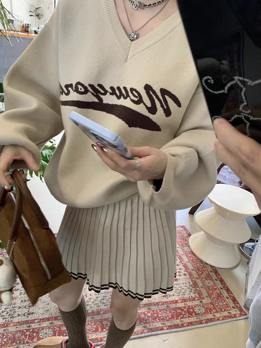 慵懒风复古港风时尚套装百搭款秋冬显瘦针织长袖套头