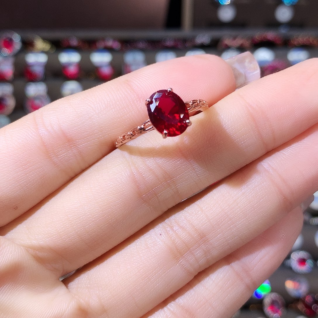 银S925镶嵌戒指红宝石玫瑰金酒红79