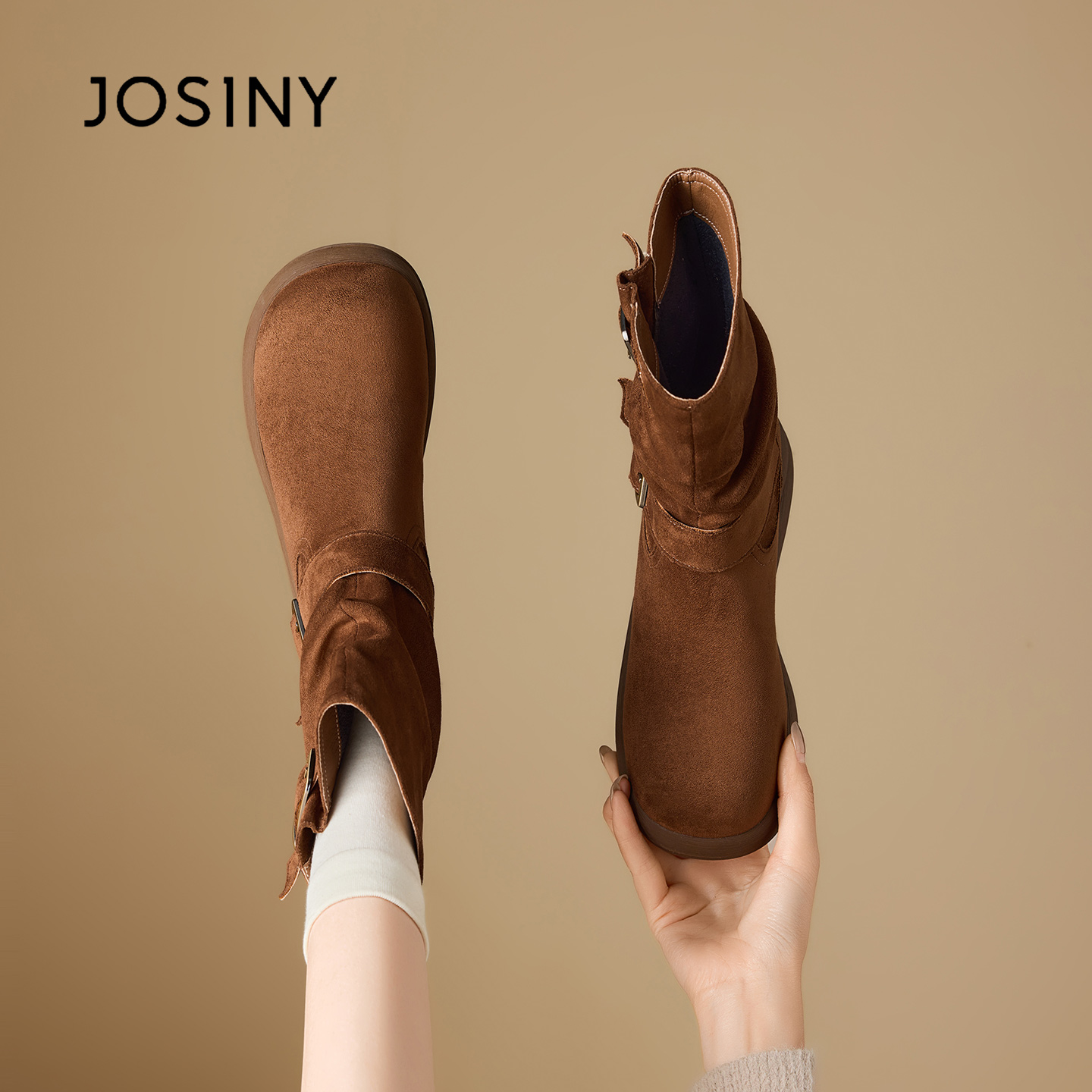 卓诗尼圆头短靴2025秋冬季系扣中跟女冬内增高靴子女靴时尚马丁靴