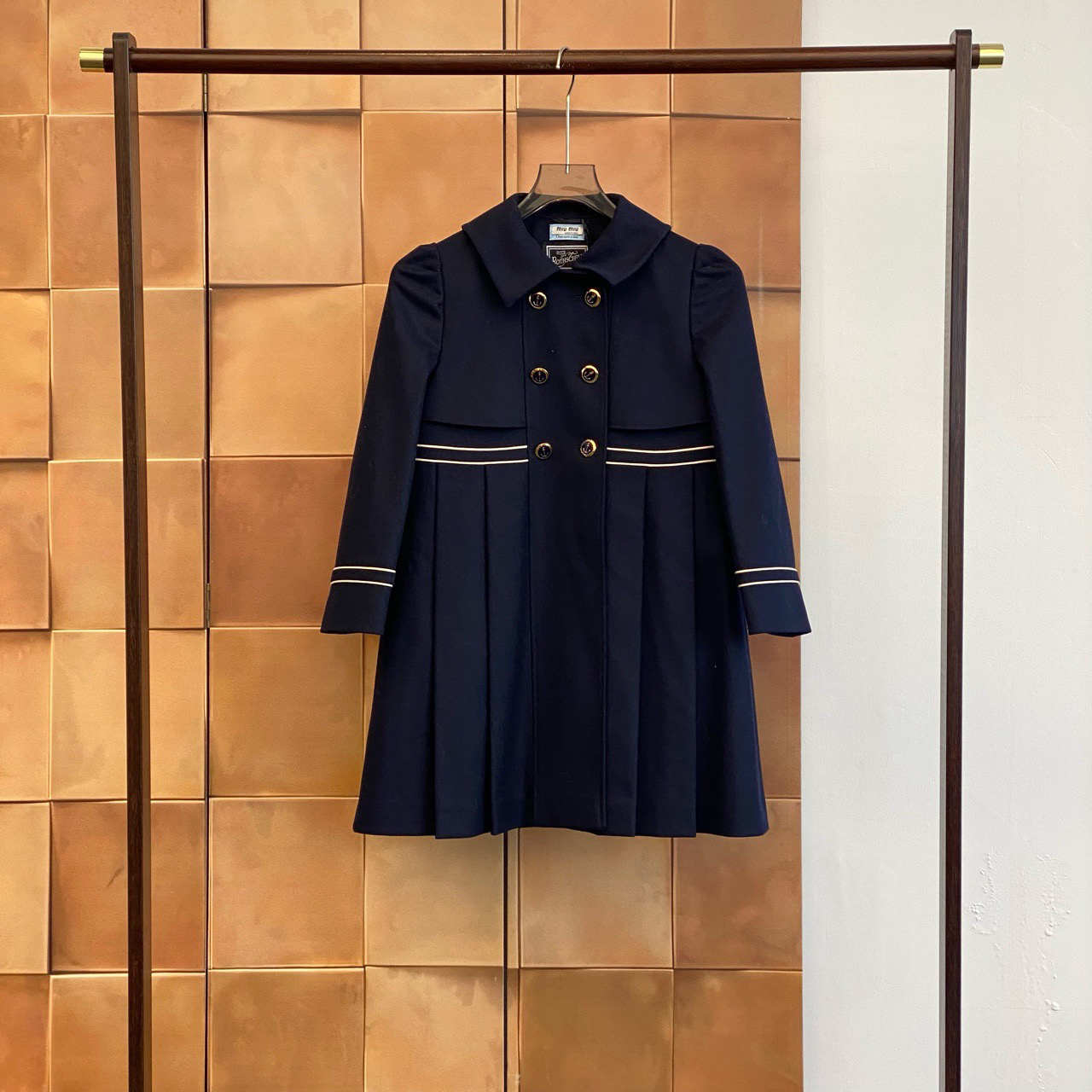未使用 MIU MIU/缪缪 午夜蓝海军风双排扣羊毛呢大衣/38码/27776