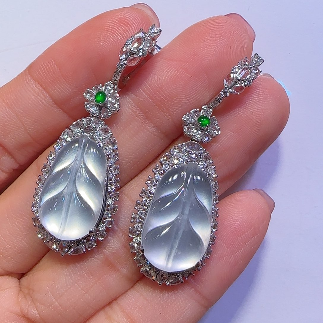 翡翠耳坠18K金镶嵌叶子