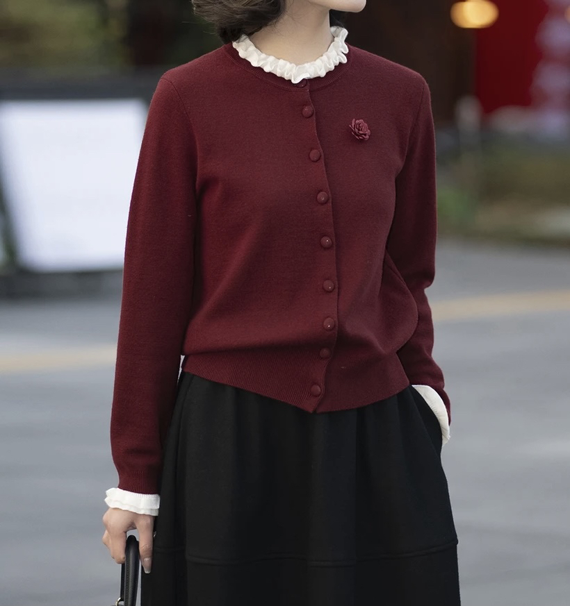 慵懒风女长袖毛针织衫套头百搭宽松短款安格拉红，中灰色