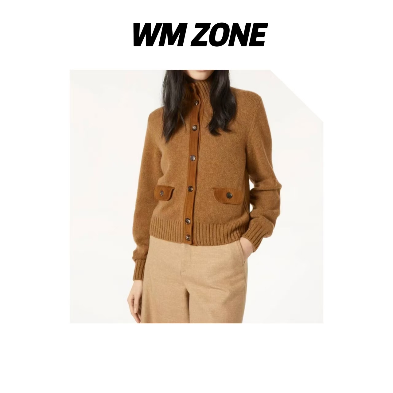 WM 3-0.5- 3958  驼色氛围感拼接羊毛开衫