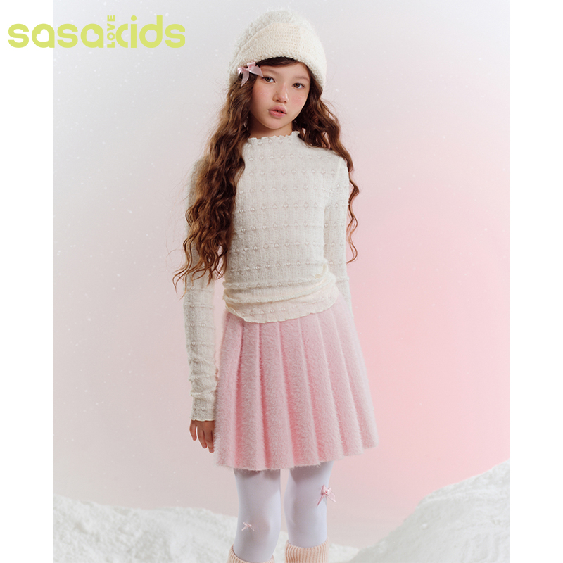 sasakids中高领爱心磨毛弹力长袖T恤保暖百搭上衣打底衫女童