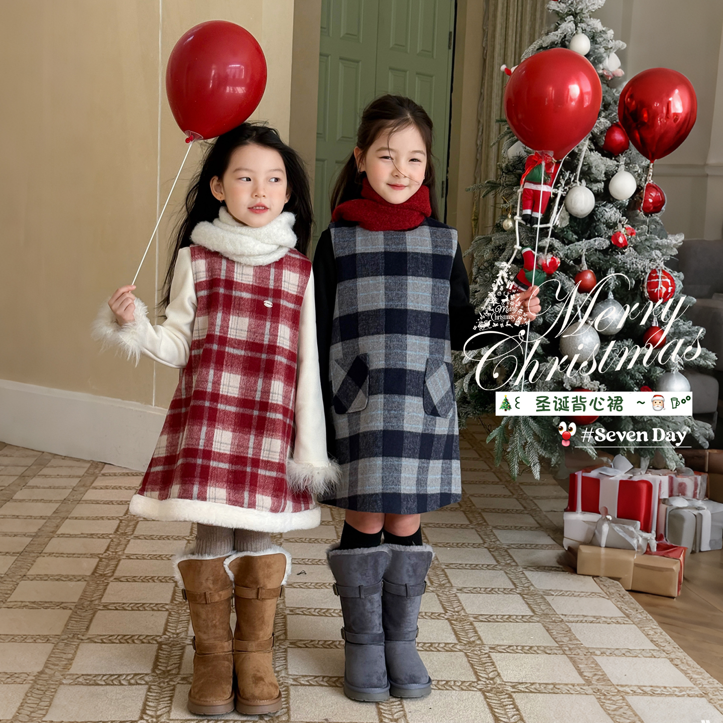 SKI2577女大童格纹撞色连衣裙无袖冬装新款女童加厚百搭背心裙潮