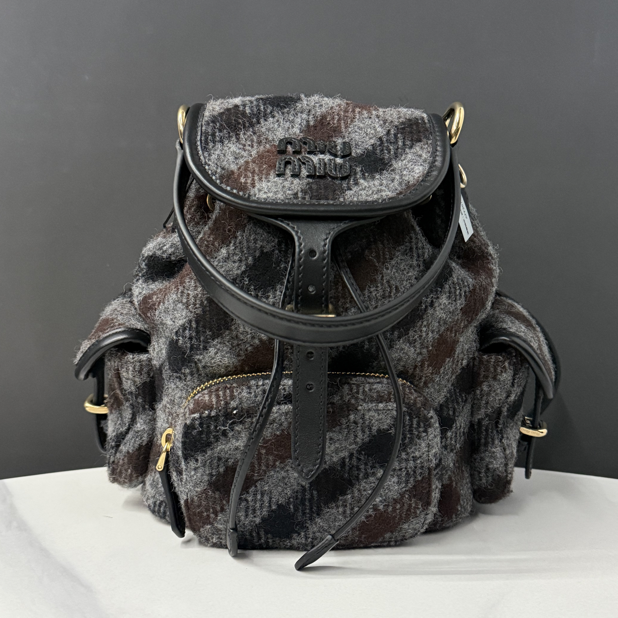 99新 MIU MIU/缪缪 25Fw格纹双肩包19cm/JJ5120705