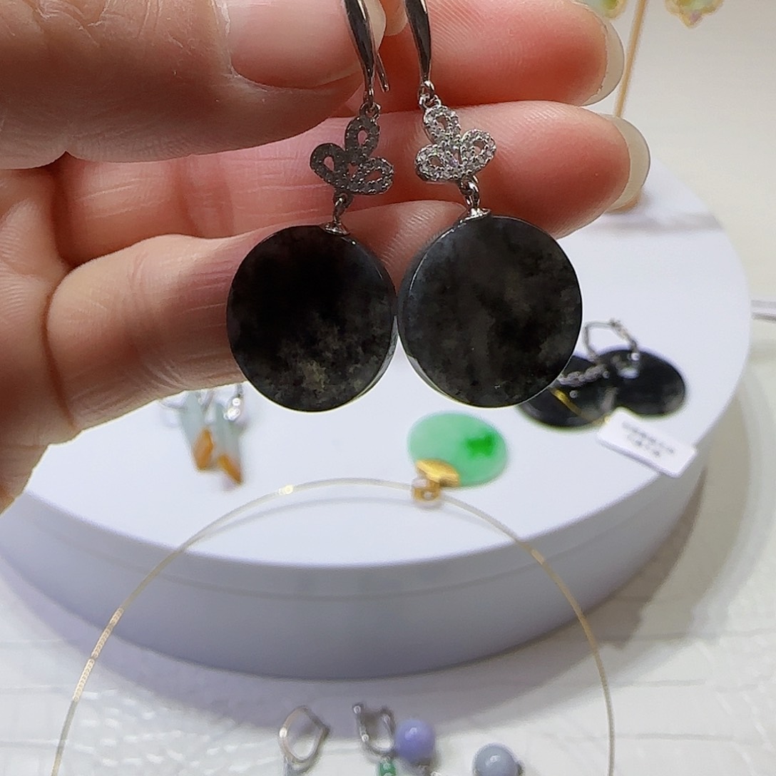 翡翠耳饰银S925镶嵌天然缅甸a货翡翠