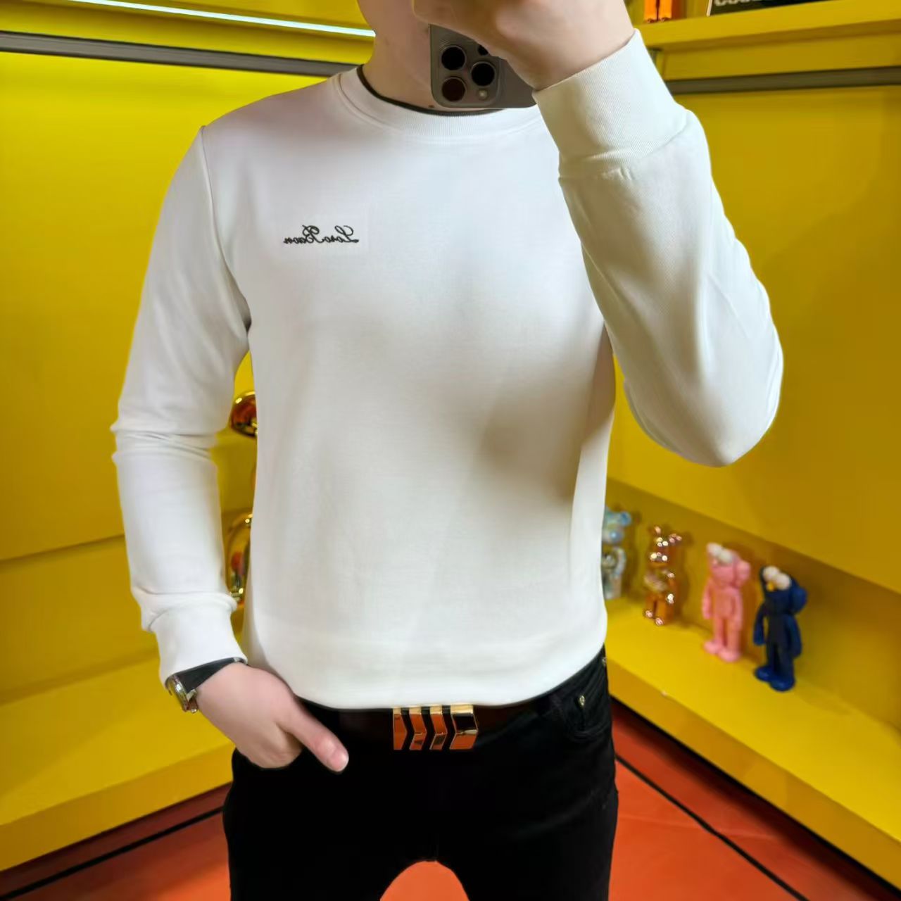 男装休闲百搭男士修身白色黑色长袖T恤男装圆领上衣潮流白色