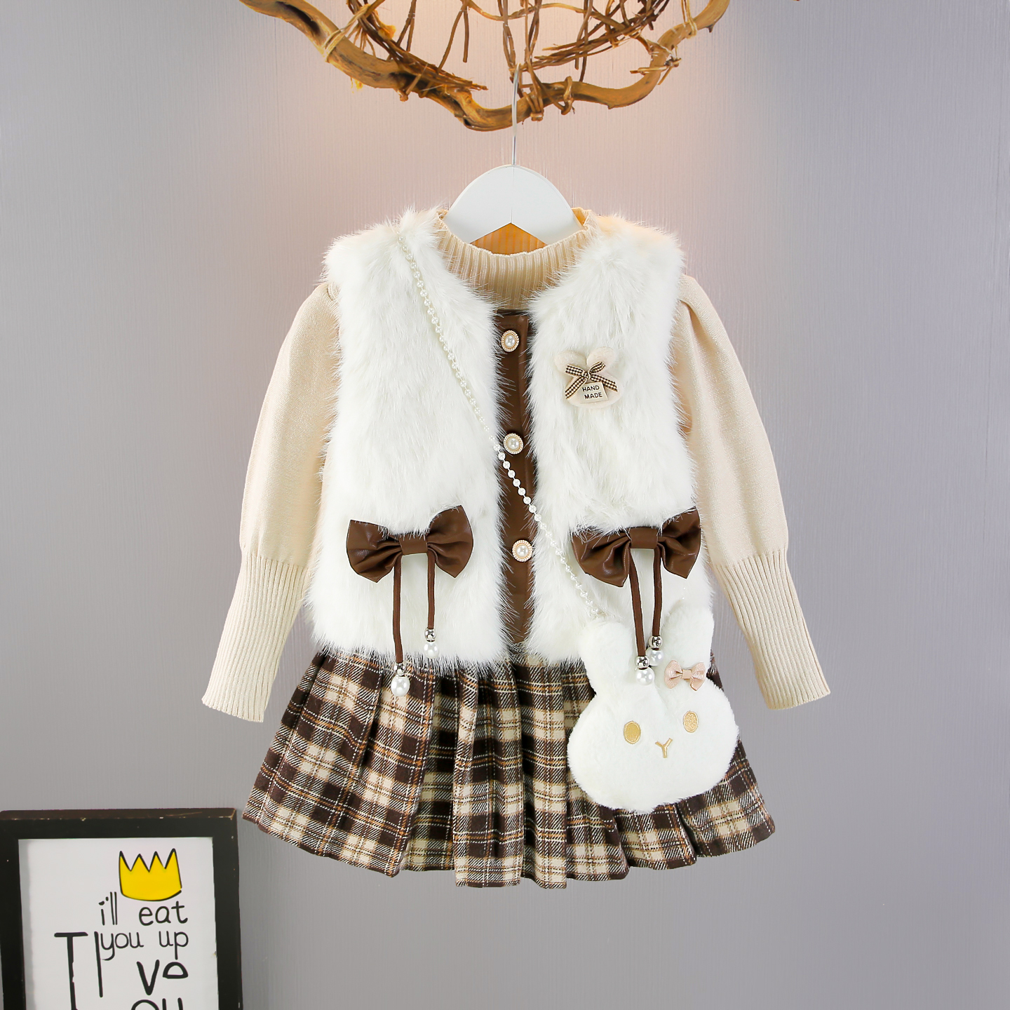 童装女童秋冬毛毛马甲三件套宝宝洋气针织毛衣礼服套装裙半身裙子