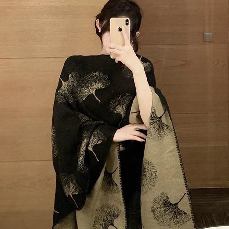 银杏树叶披肩2025新款氛围保暖围巾韩版百披肩加厚情侣围脖秋冬