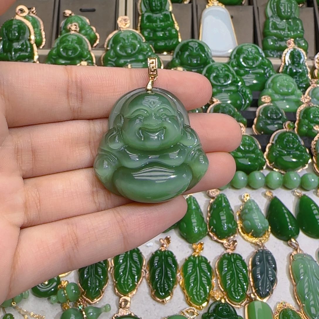 和田玉（碧玉）18K金镶嵌颈饰一线天粉青猫眼佛公