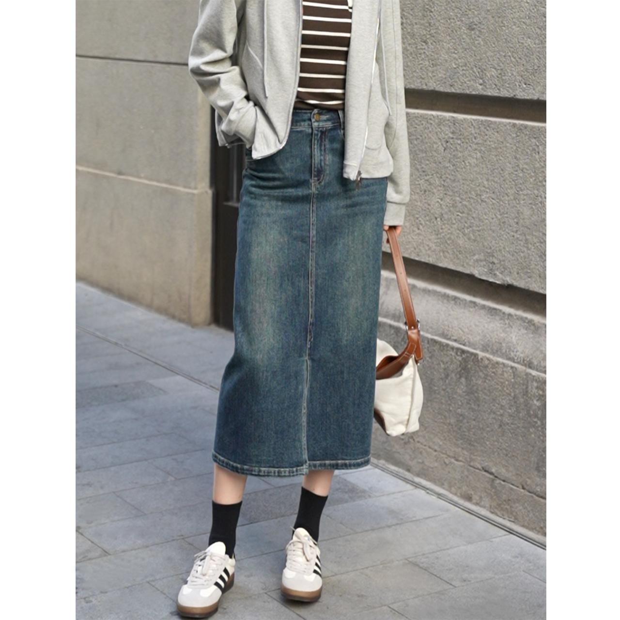 《复古风潮》复古蓝四面弹立裁显瘦牛仔裙前开叉中长A字半裙