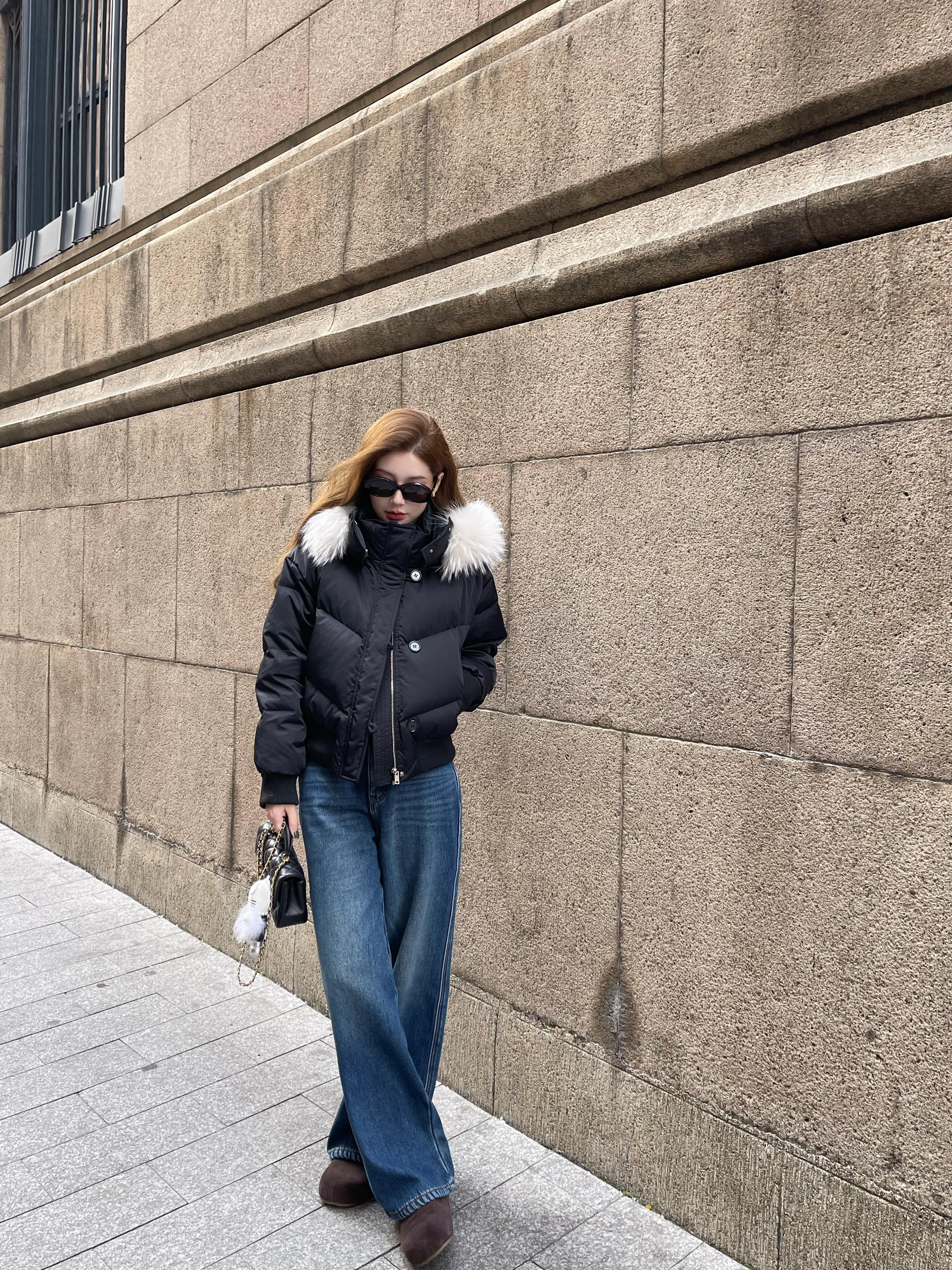 磨旧感厚加绒直筒牛仔裤 高腰阔腿长裤冬季