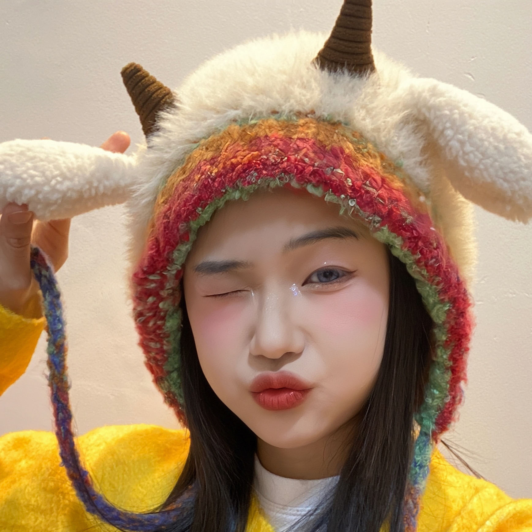 可爱包包头彩条针织毛绒 帽子