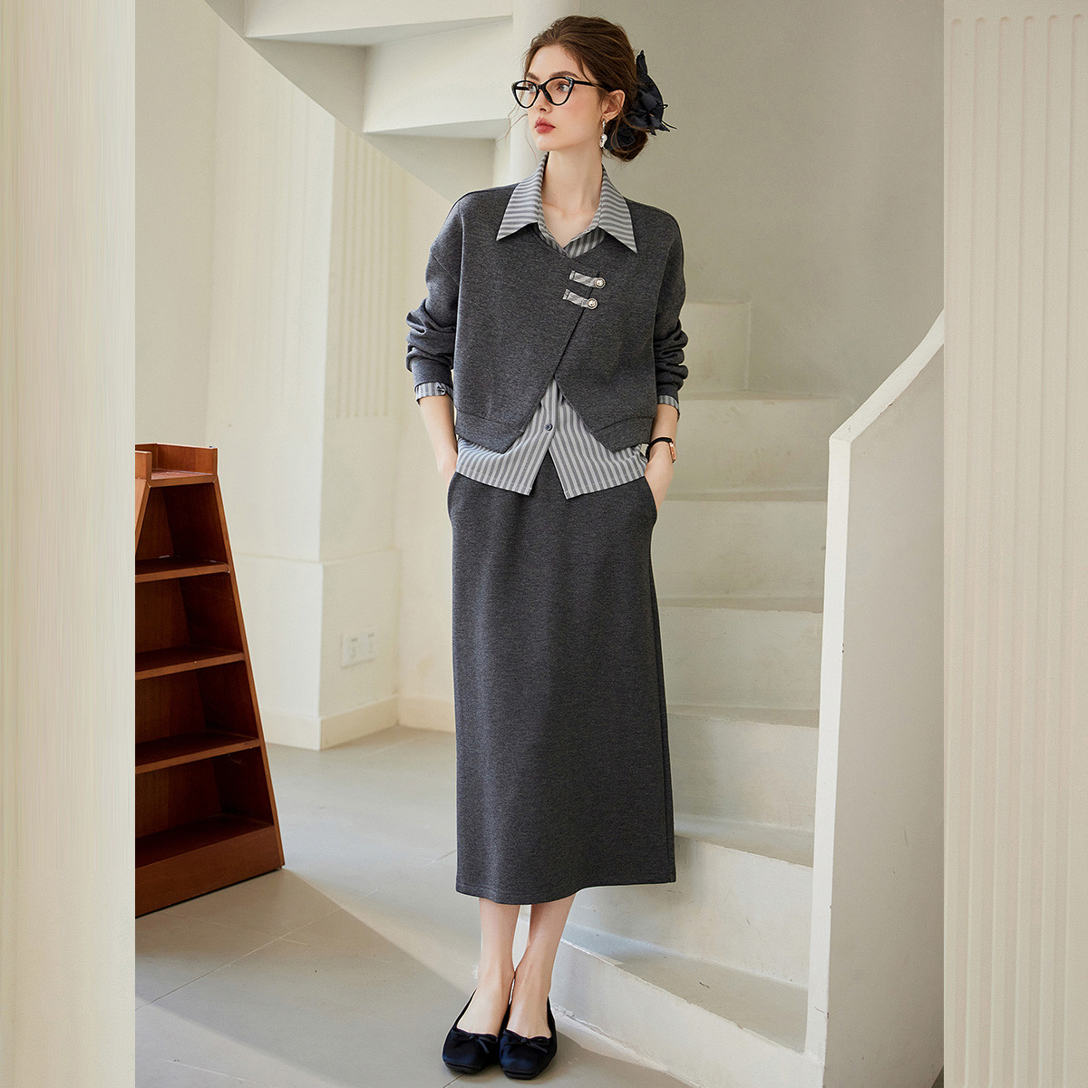 【绿子粉丝专享】&白鹿语复古盘扣交叉门襟微弹半身裙套装BY20019