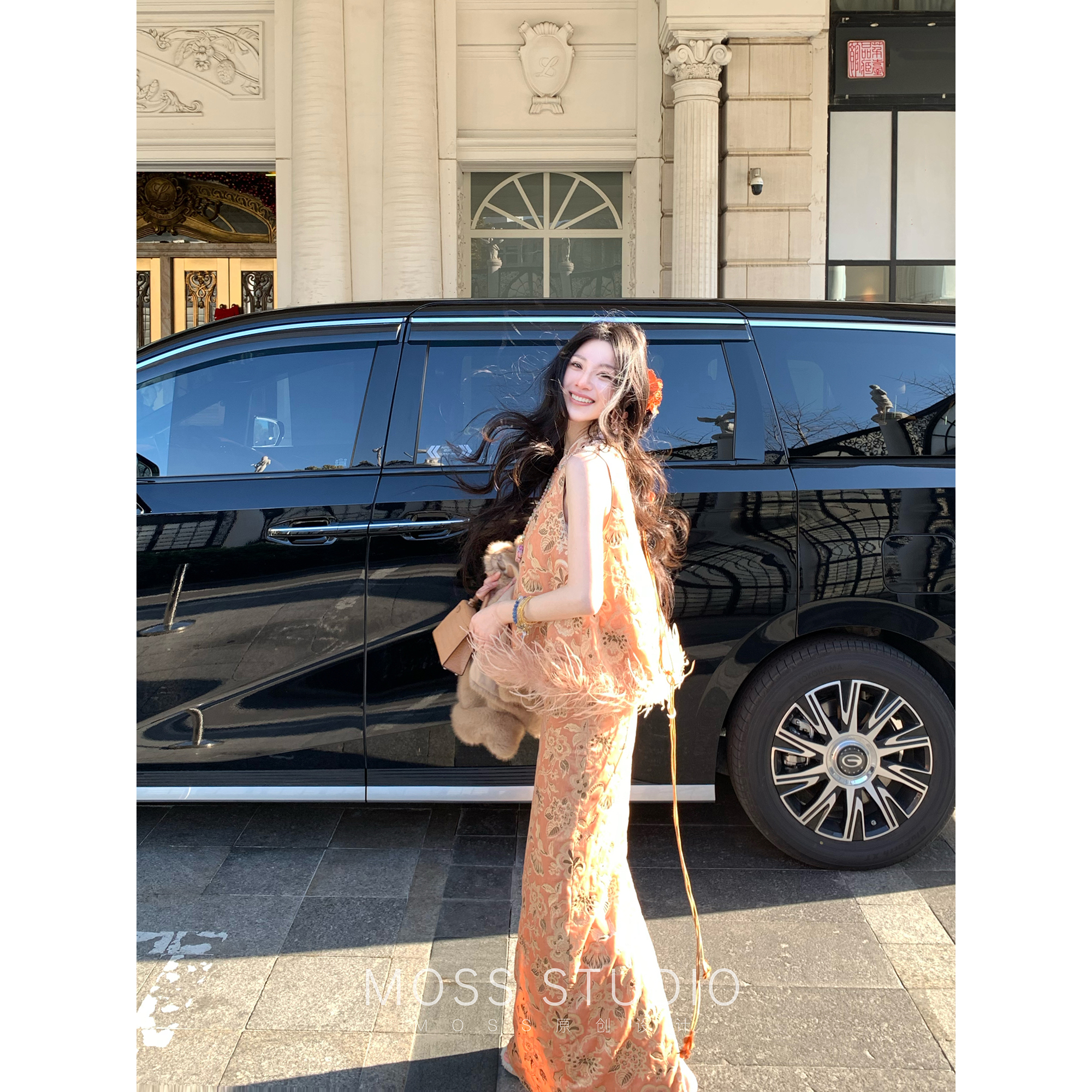 MOSS STUDIO【鎏光若梦】新中式重工提花丝绒夹棉马甲+半裙套装女