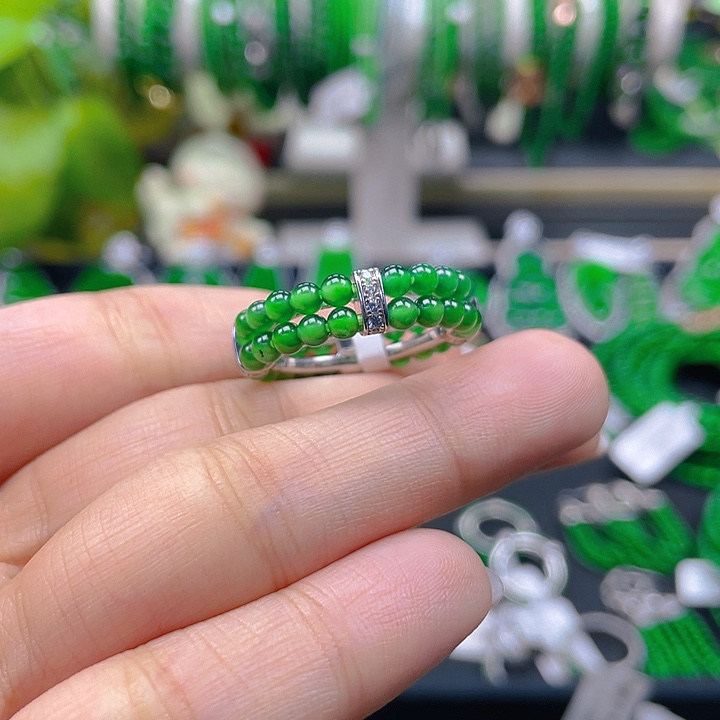 翡翠戒指银S925镶嵌圆珠戒圈3