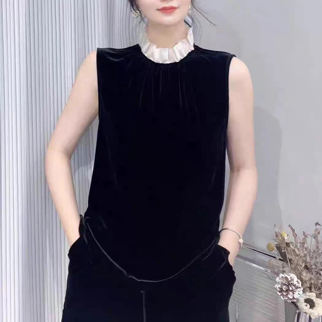 【青柠主推】（白领丝绒上衣）高端圆领真丝丝绒白色领口上衣女时尚