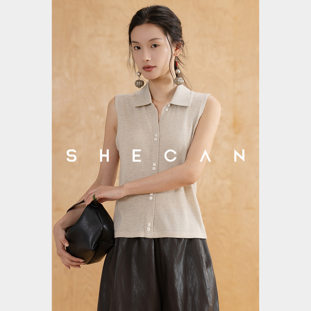 SHECAN【春日融冰】宽松百搭单排扣翻领绵羊毛针织背心马甲L4DA031