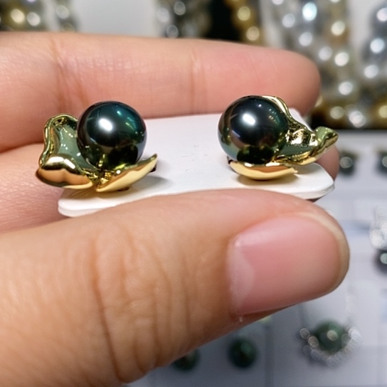 海水珍珠耳饰银S925镶嵌9-10