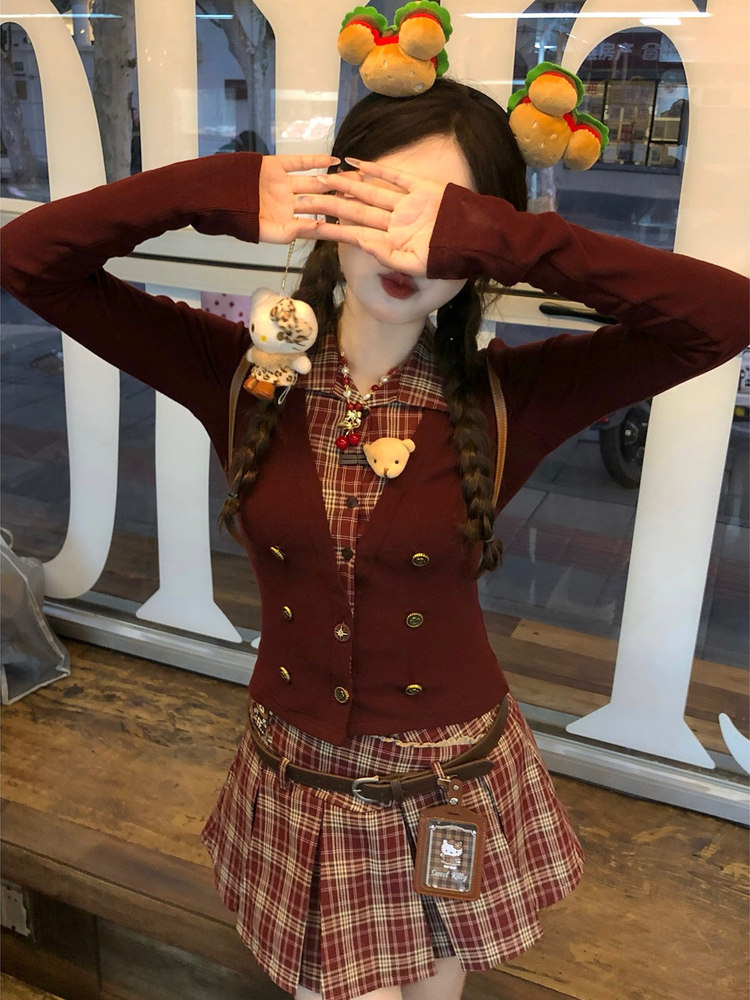 可颂学院派 复古格拼接假两件上衣长袖修身显瘦百搭