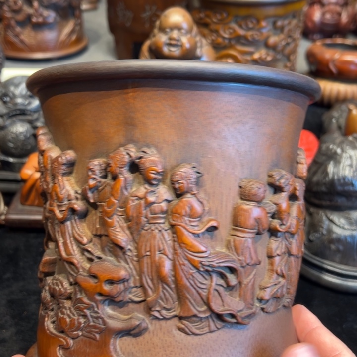 竹竹雕十二金钗笔筒