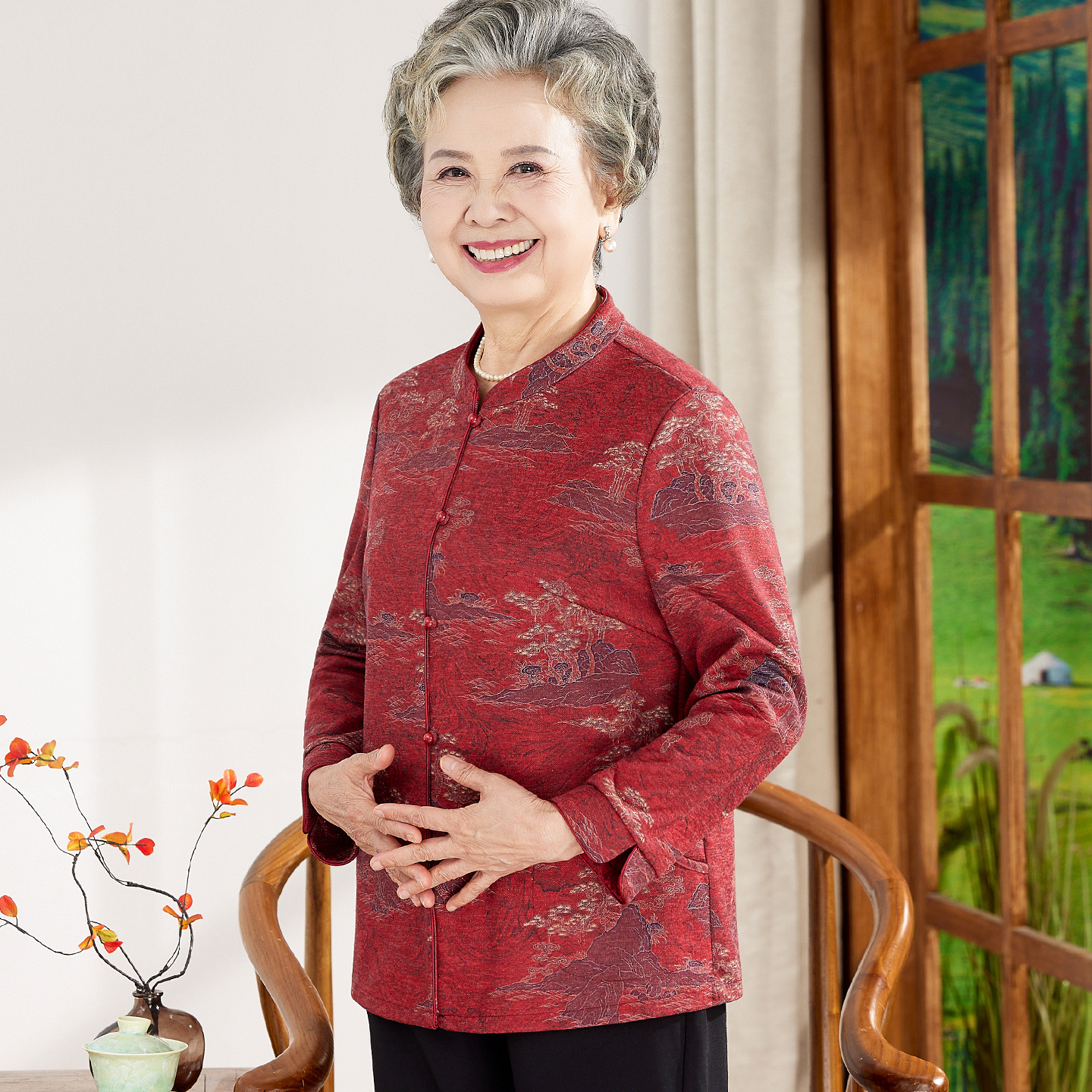 奶奶装春秋天长袖衬衫上衣中老年人妈妈秋季喜庆衬衣薄外套老太太