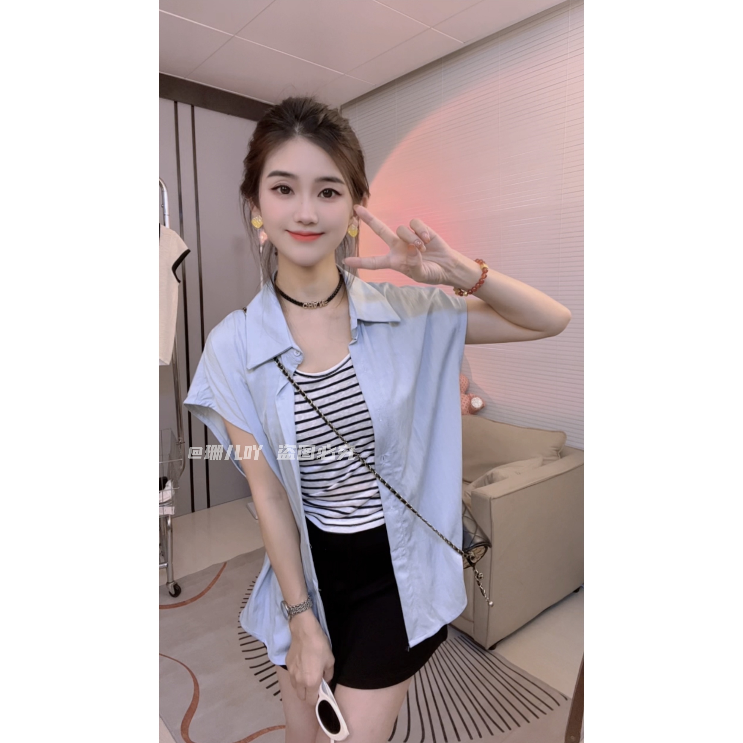 夏季新款短袖衬衫女POLO衫纯色时尚刺绣衬衣+条纹背心两件套