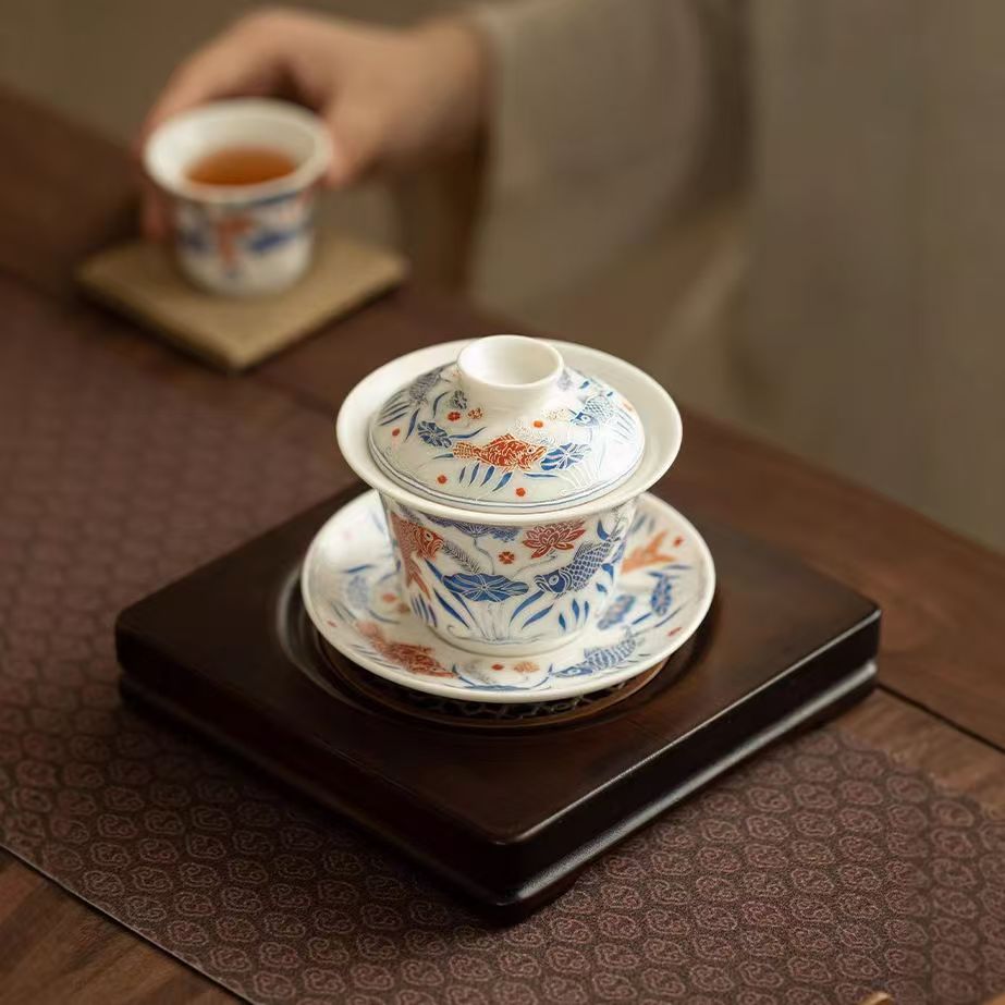 鱼藻纹三才盖碗可悬停高档轻奢茶具f567