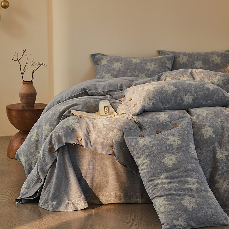 2026年新款100%全棉色织水洗双层纱提花四件套复古风柔软