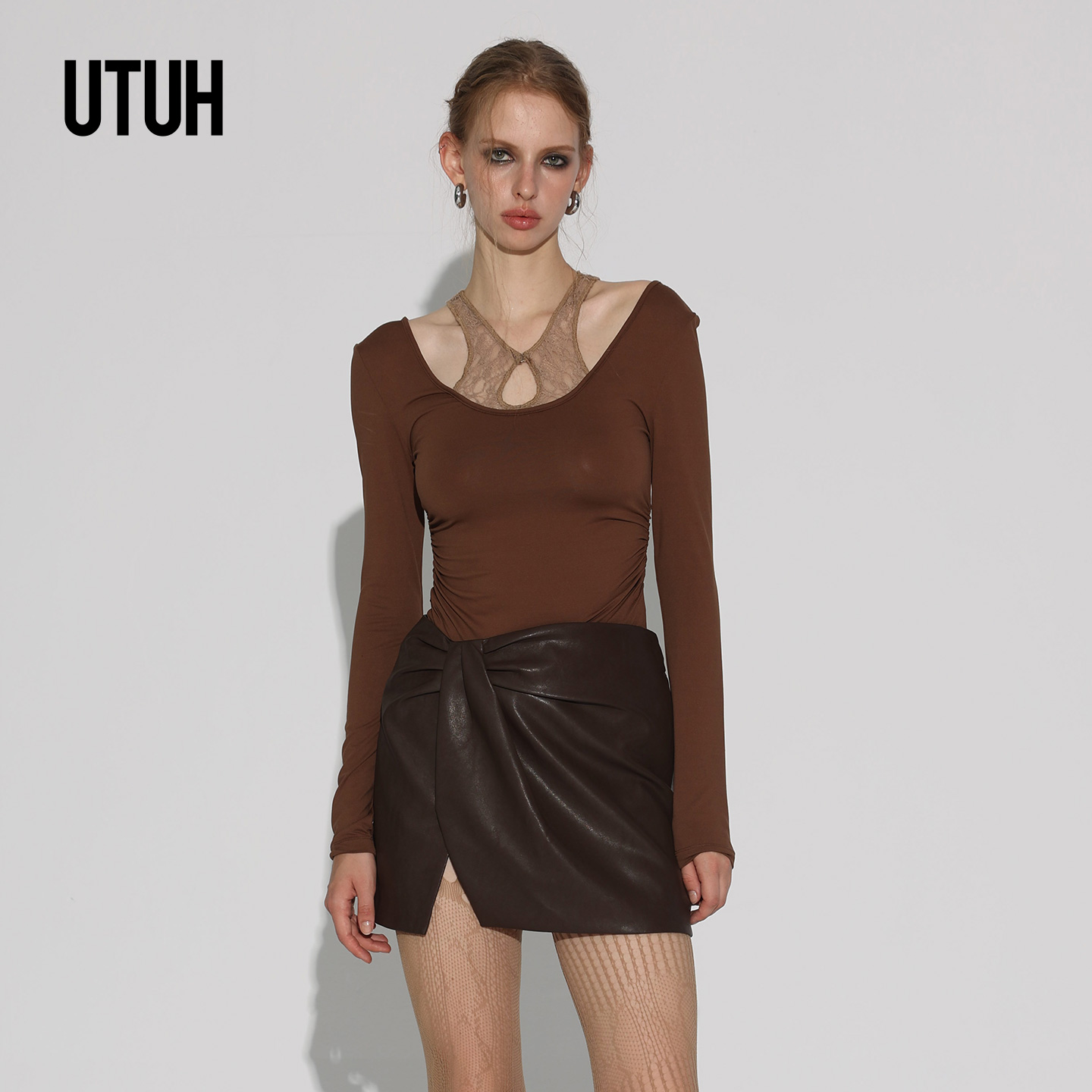 UTUH咖色镂空假两件蕾丝针织衫性感拼接小个子显高显瘦TDWWW1N428