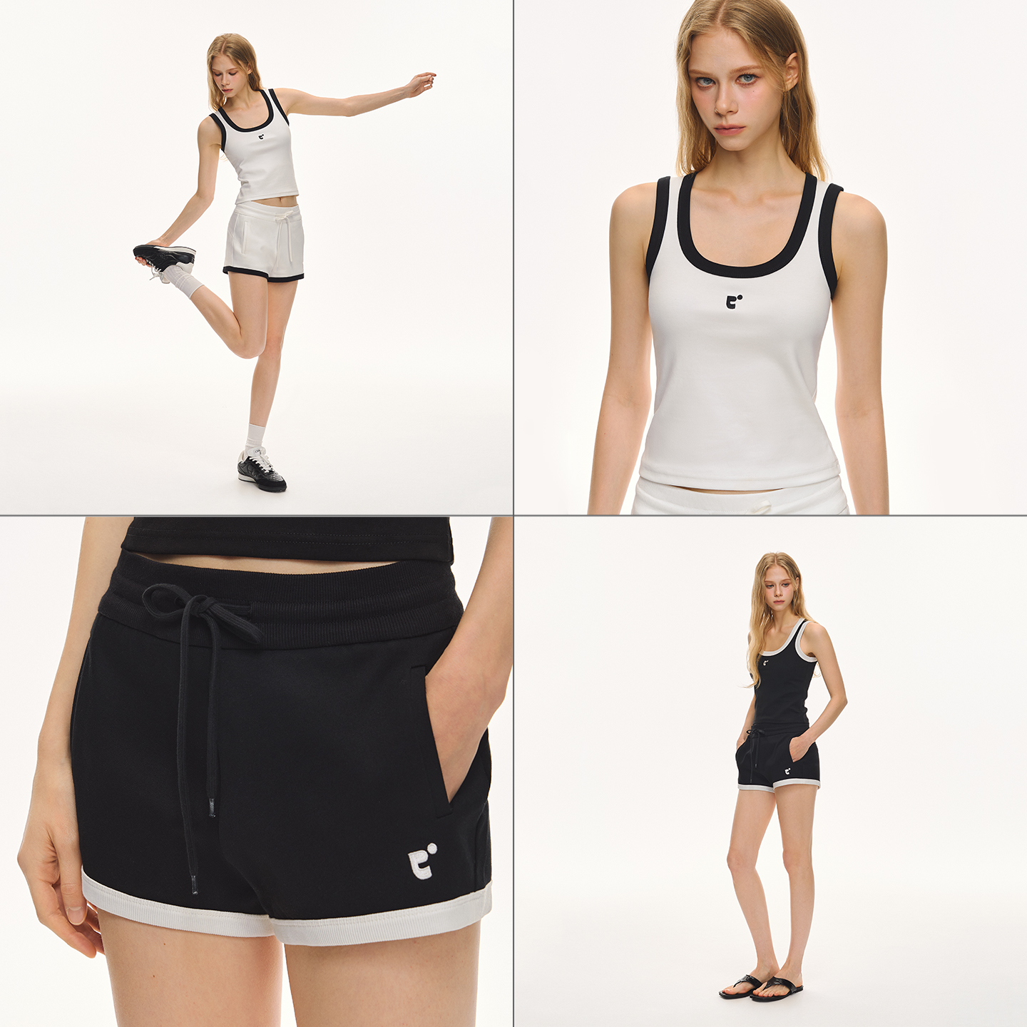 CLIMAX VISION黑白撞色刺绣双面棉弹力针织运动背心/抽绳休闲短裤