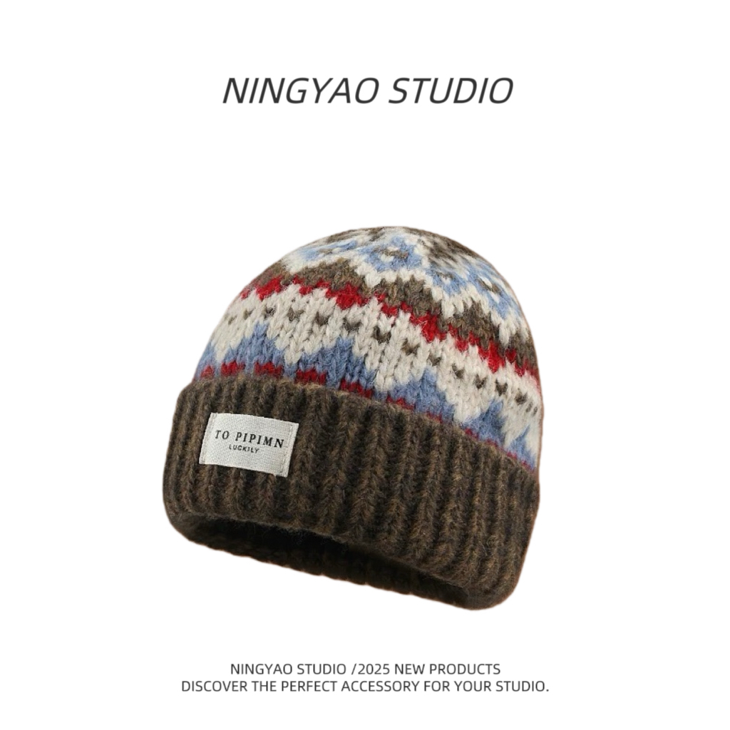 费尔岛毛线帽子女秋冬季加厚百搭防风氛围感冷帽保暖护耳针织帽