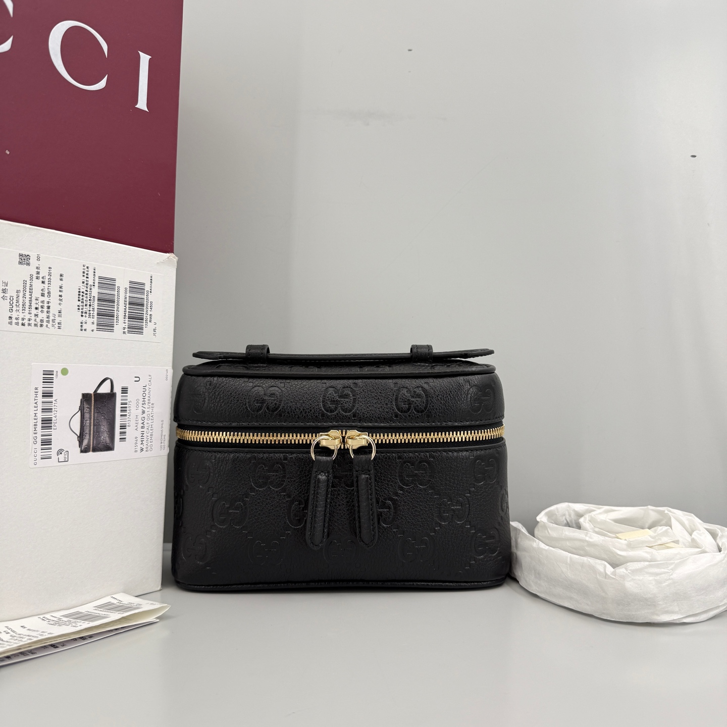 99新 GUCCI/古驰 优选/Emblem黑色压纹化妆盒闲置20×12×6/Z122327