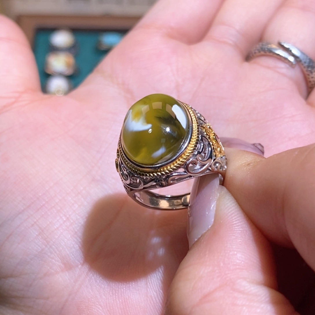 琥珀戒指银S925镶嵌戒指