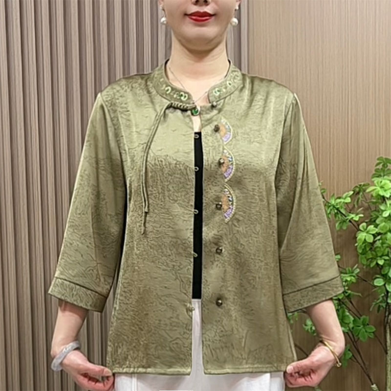 中老年女装国风刺绣衬衫2025新款妈妈装春夏七分袖开衫衬衣上衣
