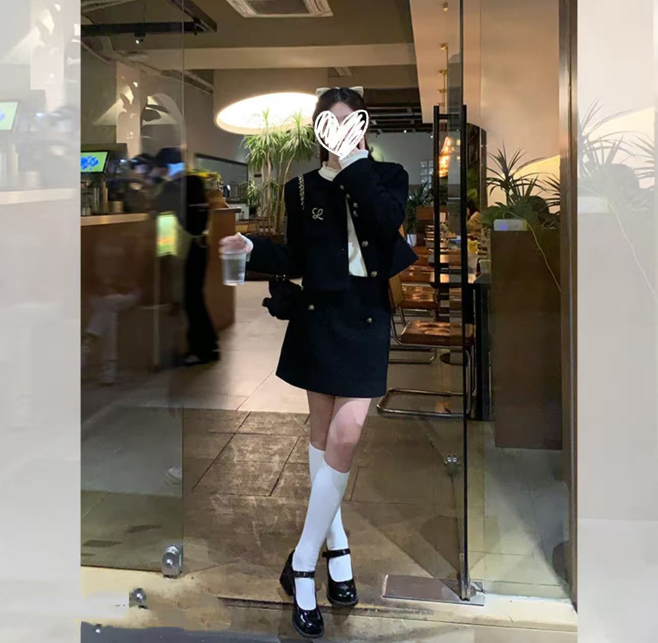 时尚套装套装显瘦英伦复古休闲秋冬黑色春秋jk小香风两件套